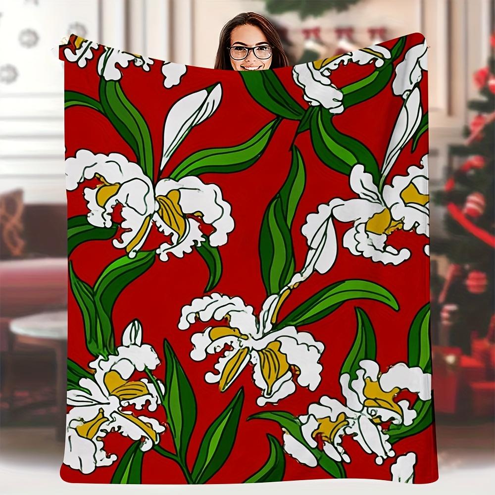 

1pc Extra Large 60x80 Inch Soft Blanket - Elegant Floral Red Background with White Lily Pattern, Heavy-Duty 70x100cm28x39in