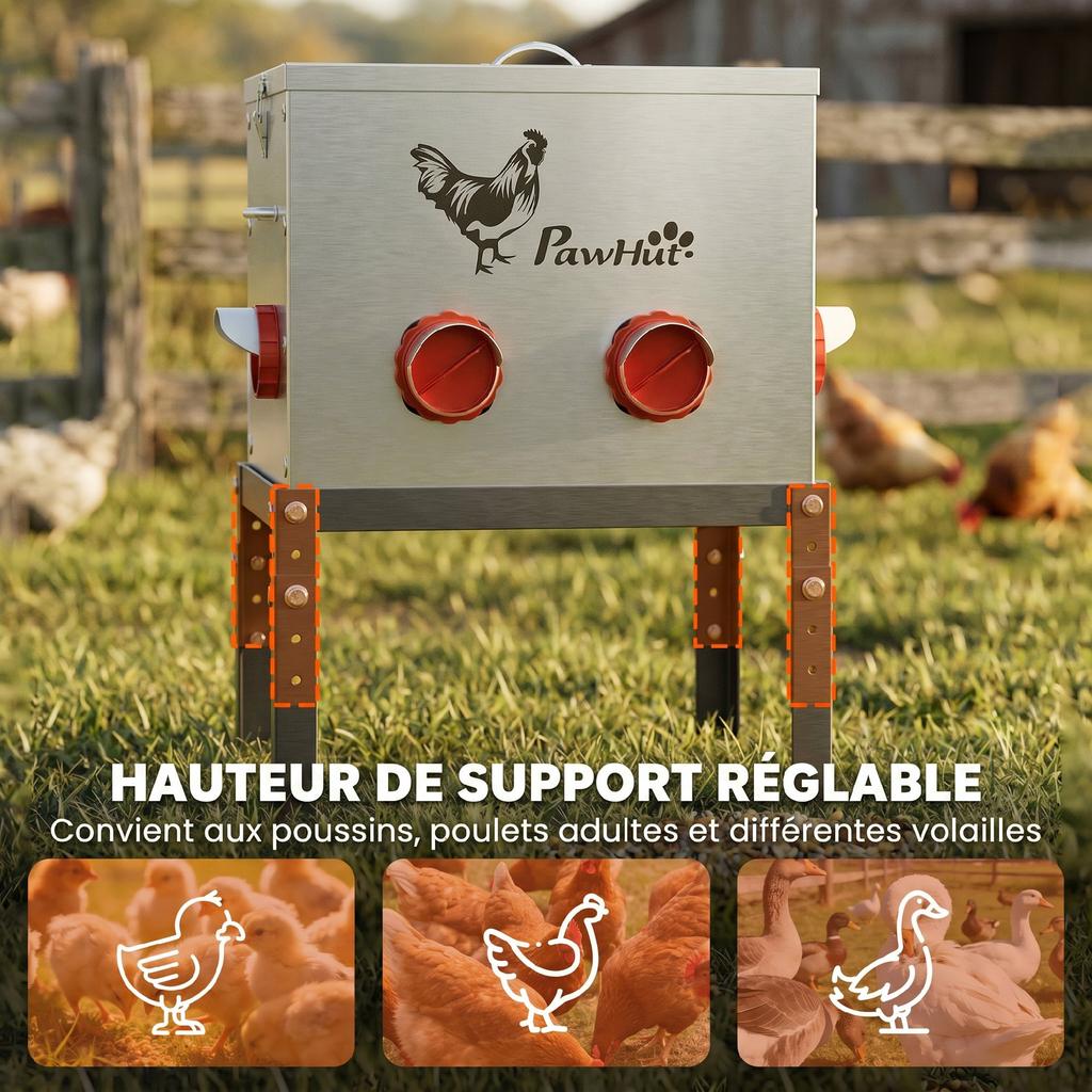 Automatic Chicken Feeder 27L, 6 Ports, Adjustable Height, Lockable Lid, 42x25x55cm, Steel, Silver