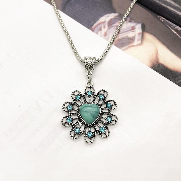 Vintage Necklace Earrings Set Bohemian Ancient Silver Turquoise Sweater Collarbone Chain Versatile Earrings