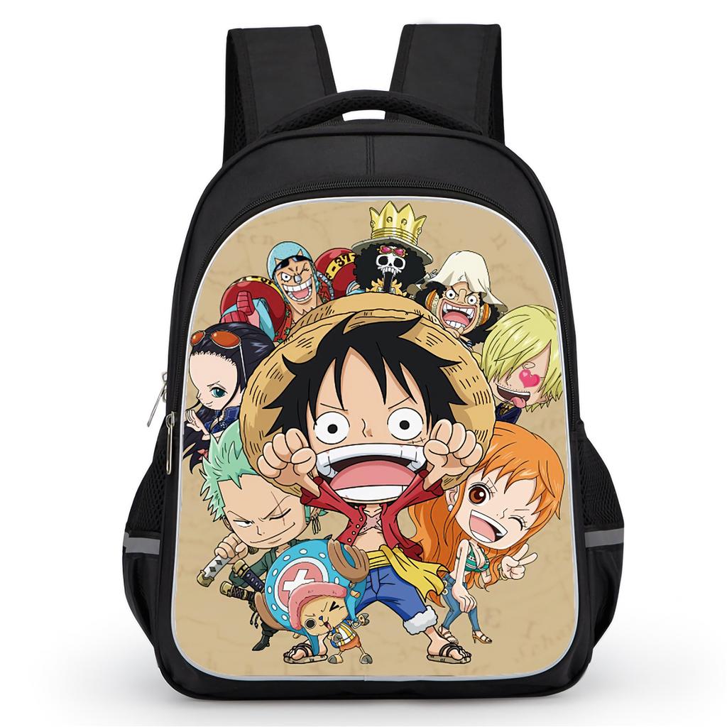 16 Inch Black Cartoon One Piece Backpack Mochila, Light Weight Unisex School Backpack Travel Daypack for Boys Girls Age 6-10