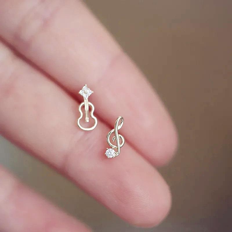 925 Sterling Silver Asymmetrical Note Violin Stud Earrings For Woman Christmas Gifts Piercing Jewelry Aretes De Mujer Party Gift