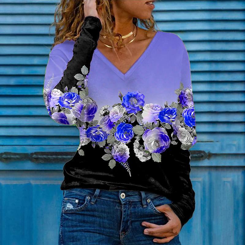 Градиентный розовый принт женские футболки женские топы с длинным рукавом V-образный — фото 7