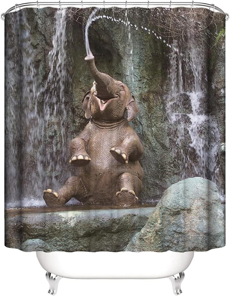 Cute Baby Elephant Shower Curtain Waterfall Scene Design Bathroom Decor Jungle Theme Waterproof Bath Curtain