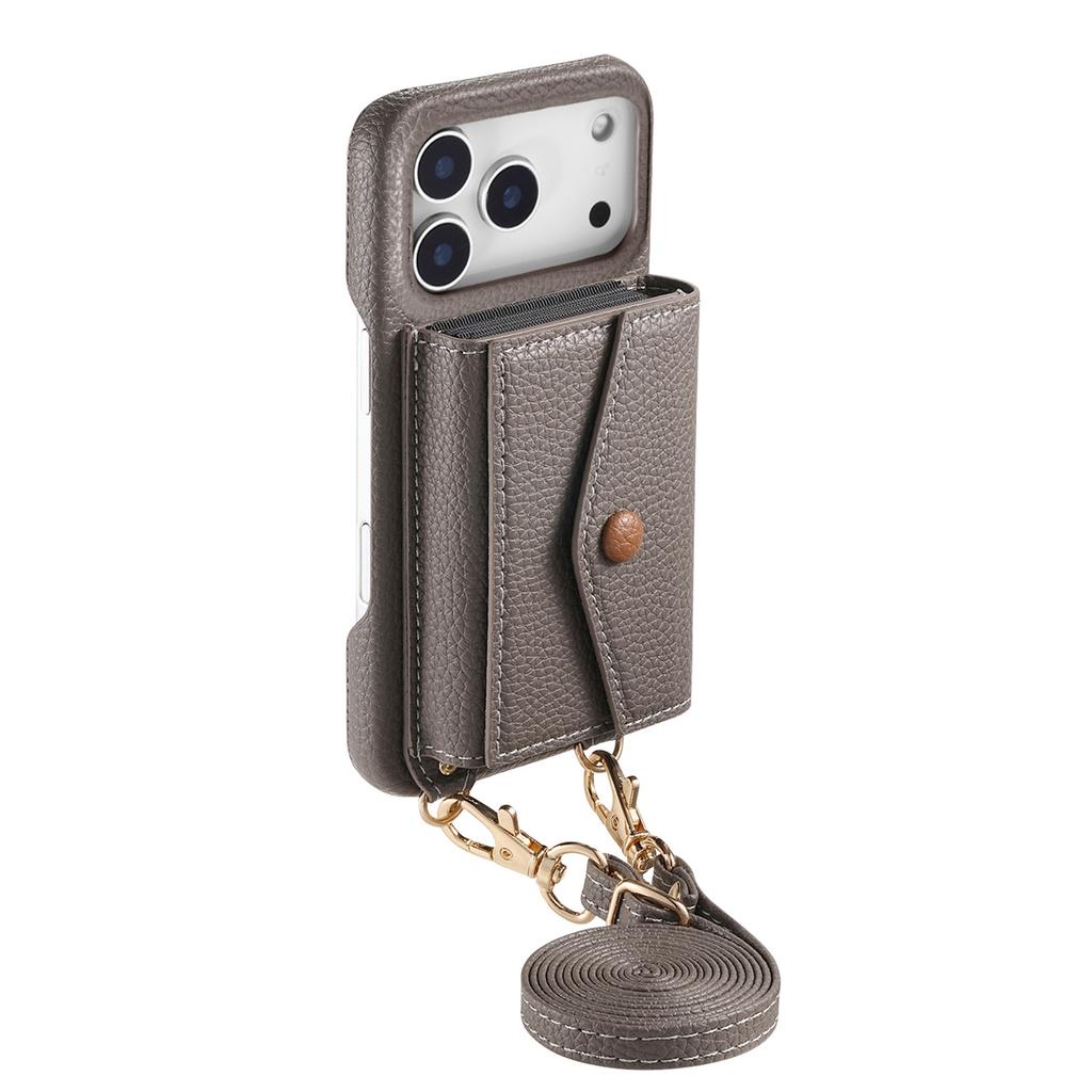 For iPhone 17 Pro Max Case Card Holder Kickstand PU Leather + PC Phone Cover with Mirror and Crossbody Lanyard