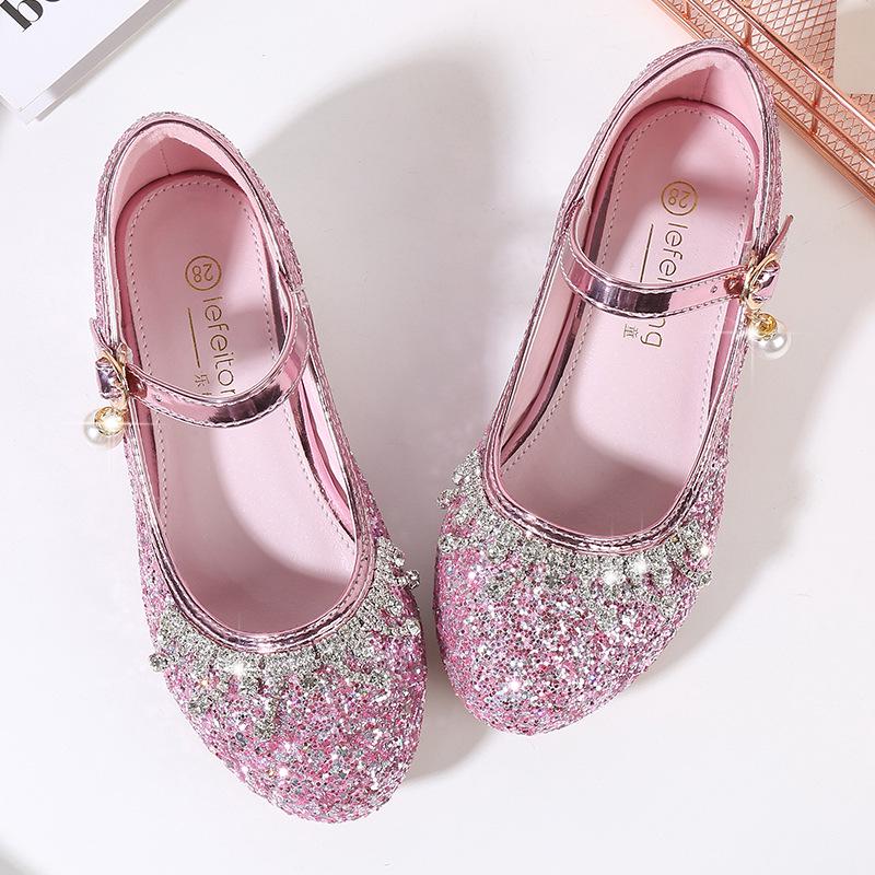 Princess Girls' Sequined High Heels - Soft, Non-Slip Leather Shoes for Spring and Autumn