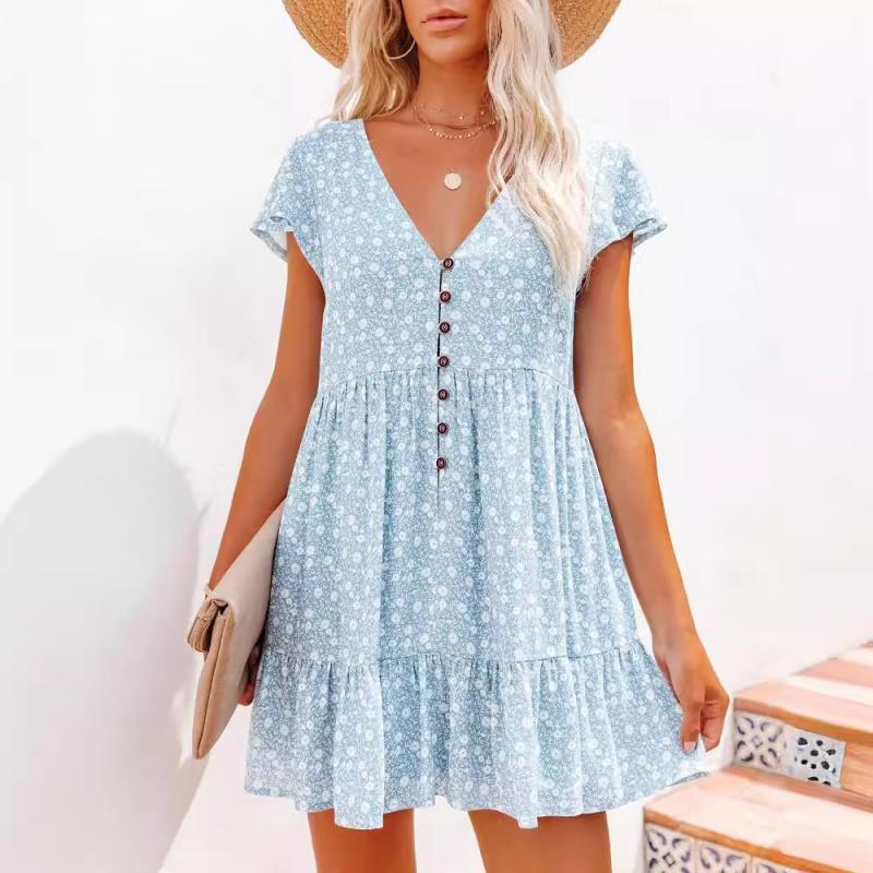 2026 Spring/Summer V-neck Buttoned Floral Short-sleeve Loose Casual Dress for Women