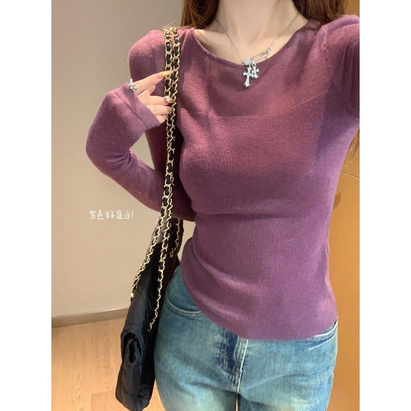 White semi-perspective splicing bottoming shirt women's pure desire soft waxy inner sweater slim wool knitted top