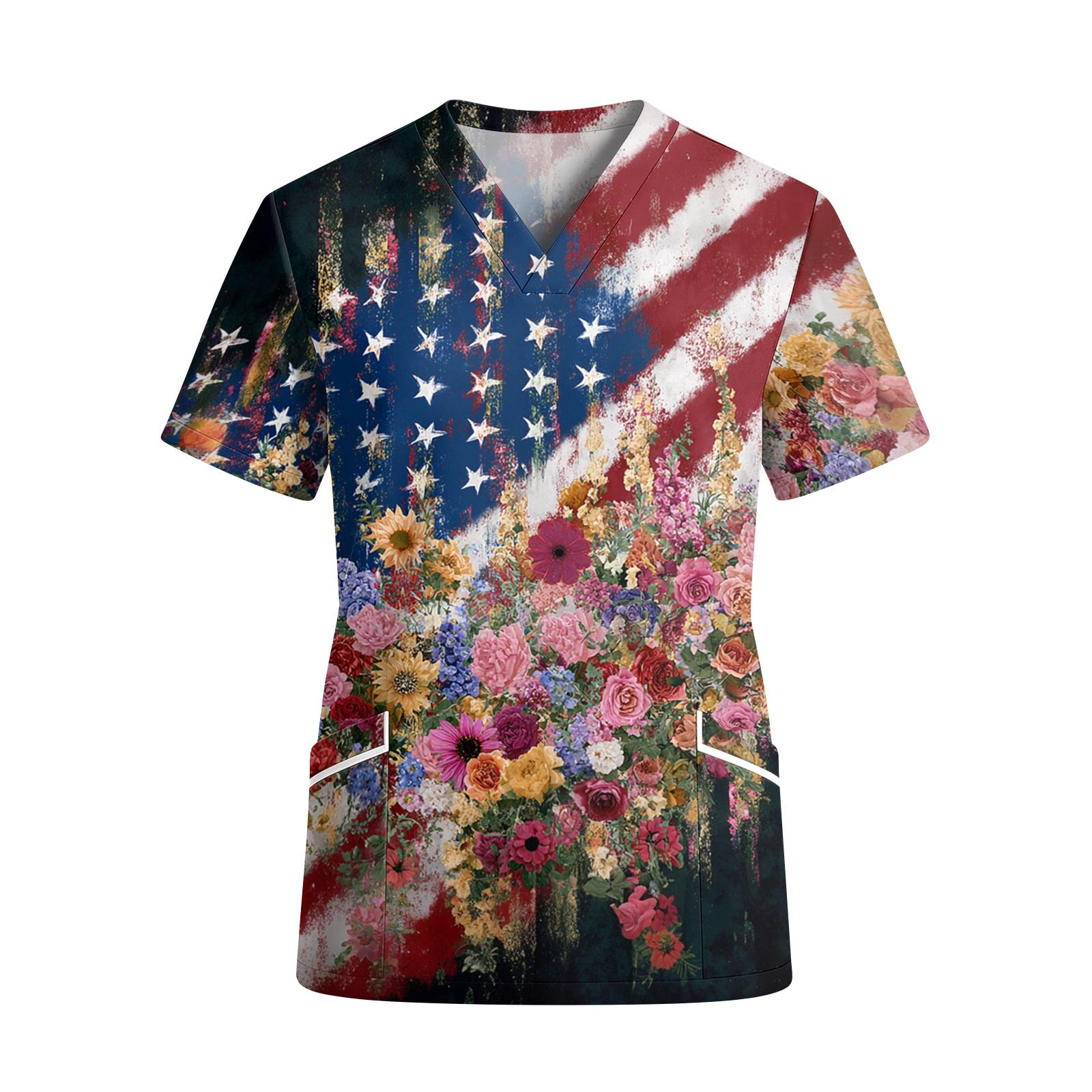 

Women s V Neck Short Sleeve Work Shirt with Pockets Independence Day Star Print Medical Uniform Top for Healthcare Professionals XL