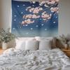 Retro Japanese Cherry Blossom Tapestry, Deep Indigo Flowers Wall Art Hanging Decoration Polyester Fiber White Ruffled Around For