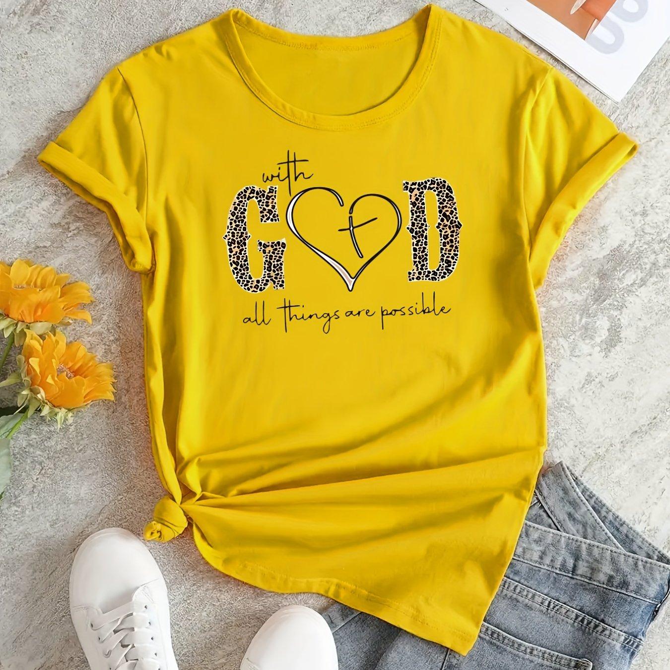 

With God Print Women T-Shirt Summer Short Sleeve Crew Neck Casual Top Women s Clothing Female TopsTees XS