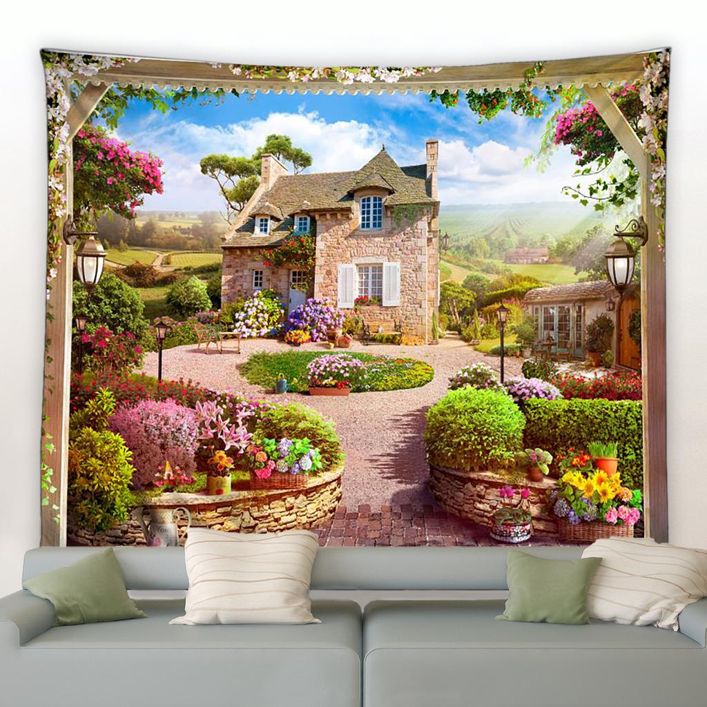 European Seaside Town Flower Tapestry Retro Italian Architecture Plant Scenery Wall Hanging Living Room Room Home Decoration