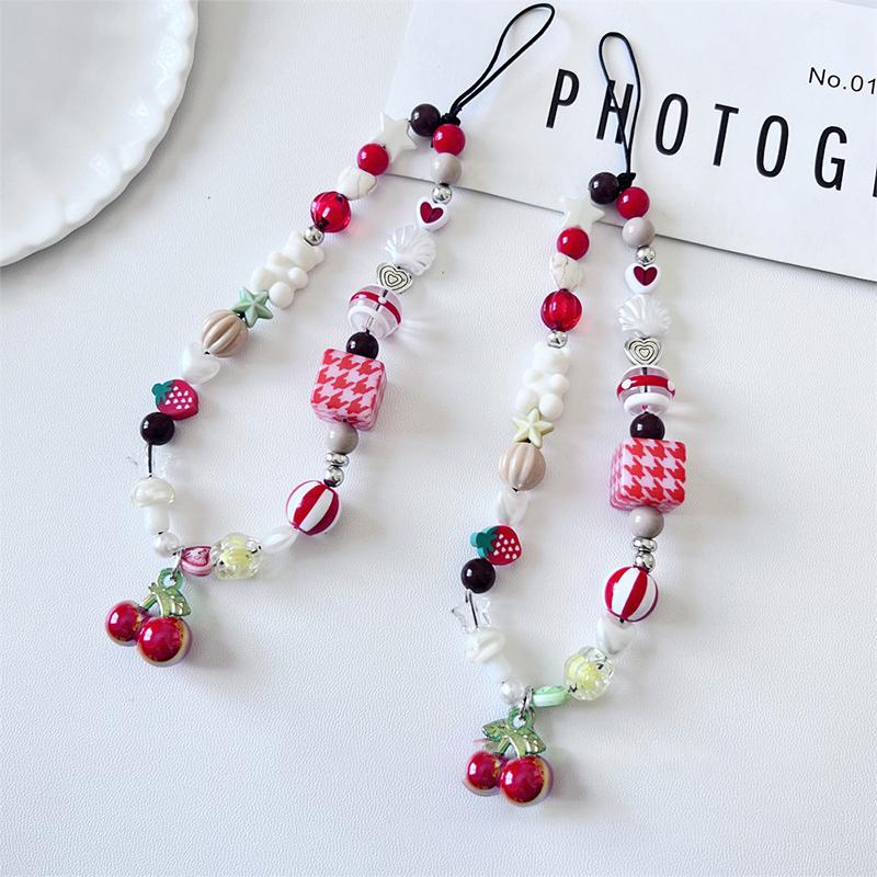 Strawberry Pearl Phone Chain Cherry Love Beads Pendant Charm Sweet Earphone Case Hanging Rope Anti-Lost Lanyard Strap Bag Decor
