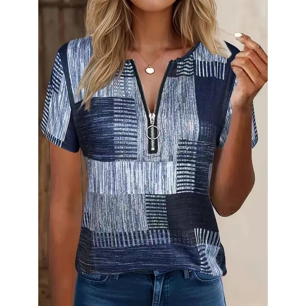 Women's Polo Shirt with Fashionable Zipper and Geometric Design, Summer Loose Short Sleeved T-shirt