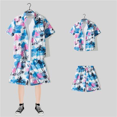 Men's Summer Travel  Single Breasted Short Sleeve Shirt Hawaiian Beach Set  Shorts Casual Vacation Suits
