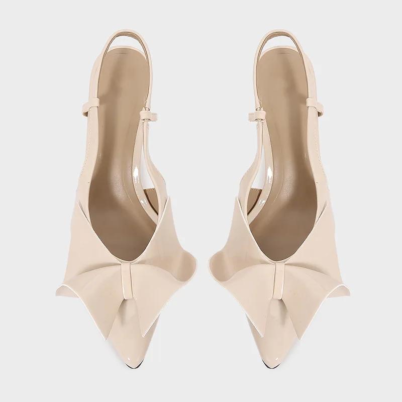 Fashion Sexy Pointed Toe Slingbacks Mules Heeled Sandals Women  Designer Beige Patent Leather Pumps Fashion Bow Party Shoes Office Heels