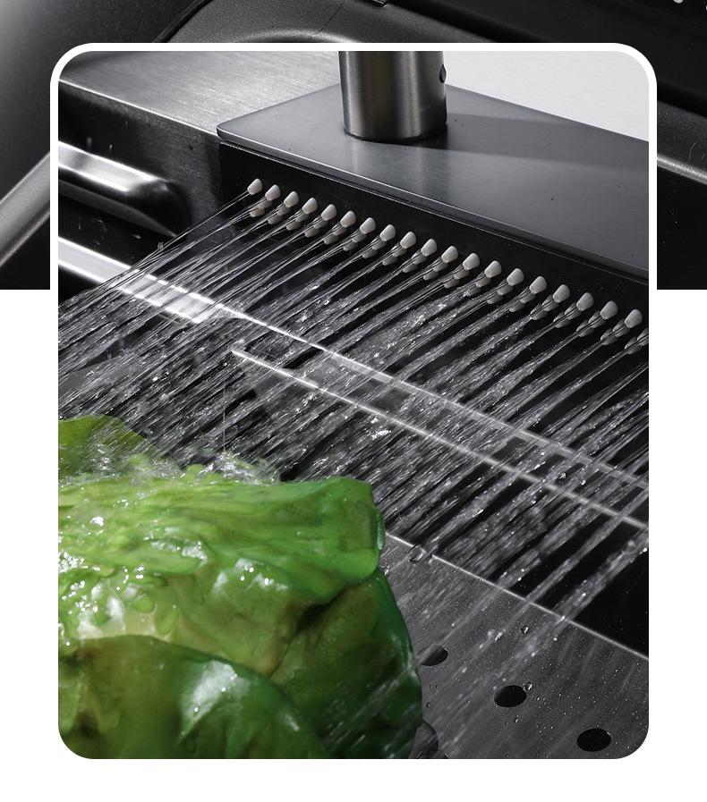 Stainless Steel Kitchen Sink with Nano Coating, Pull-Out Rain Shower, and Large Single Bowl for Vegetable Washing.