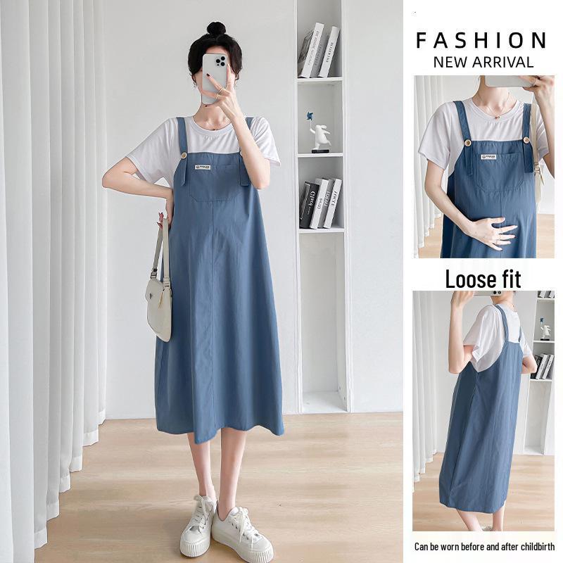 2023 Fashionable Loose Cotton Maternity Spliced Overalls Dress