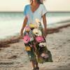 Fashion Women's Summer V-neck Short Sleeve Cotton And Linen Vintage Floral Print Beach Dress