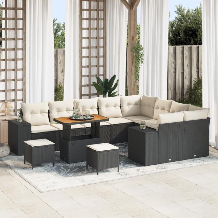 Ensemble Canapés de Jardin 12 pièces avec Coussins Rattan PE Noir Acacia, Ensemble Salle à Manger Jardin 3 pièces 3362045