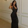 European and American style autumn new fashion women's clothing lace neck sexy deep V slim and thin dress