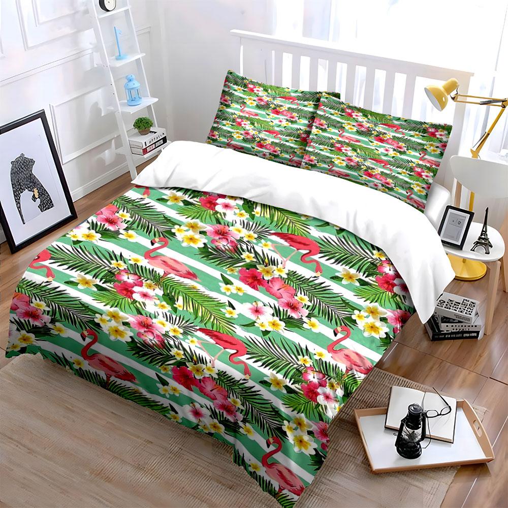 Flamingos, Flowers, Green Stripes. Bedding Sets Duvet Cover Sets Duvet Covers Pillowcases(1 * Duvet Cover 2 * Pillowcases, Without Duvet Insert)