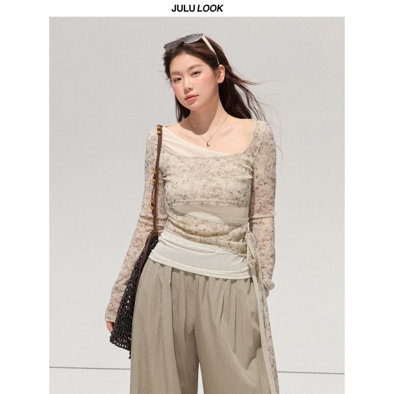 

Julu Studio Iris Whisper Design-Inspired Tie-Up Top for Slightly Plump Women / Drapey Long Pants Plus-Size Set Apricot Top M