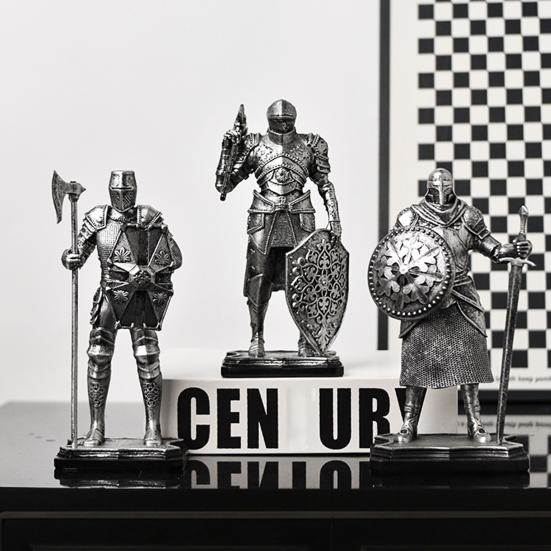 Medieval Knight Figurine, Vintage Resin Statue with Metallic Finish, Handcrafted Armor & Shield Details for Bookshelf, Office Desk Decor, Industrial