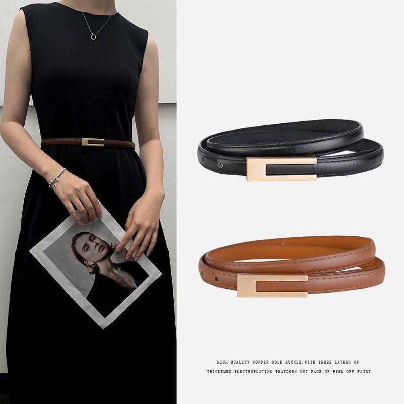Women's Retro Korean Leather Belt - Black, Simple & Versatile Thin Waist Accessory for Skirts, Shirts, Trousers.