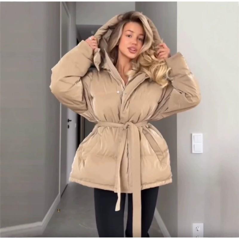 Womens Hooded Down Jacket Slim Fit Warm Shiny Reflective Strap Coat Fall Winter Daily Outdoor Commute
