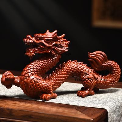 1pc Solid Wood Dragon Ornament Woodcraft Carving Ornaments Home Decoration Chinese Style Zodiac Dragon Statue Simulated Animals