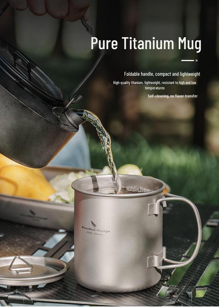 Essential Pure Titanium 450ml Outdoor Folding Water Cup - Lightweight, Single-Layer for Camping, Coffee, Tea, and Boiling Water