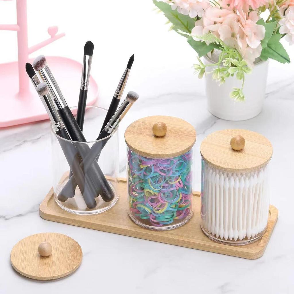 Bamboo Lid Cotton Swab & Makeup Remover Acrylic Storage Box: Includes Cotton Balls, Dental Floss, Round Box
