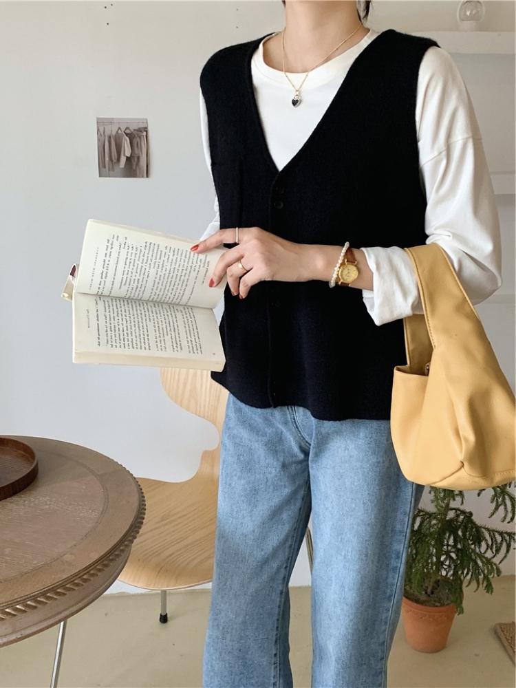 Korean Version Solid Pocket Knitted Vest Cardigan Women's Autumn Winter New Loose Fashion V-neck Sleeveless Sweater Vest