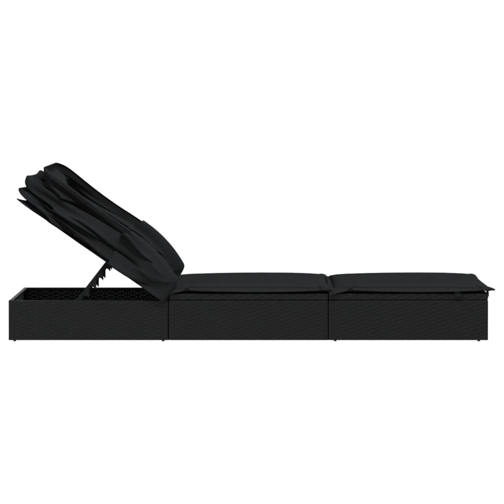 Folding Sun Lounger with Canopy Black 213x63x97 cm Poly Rattan