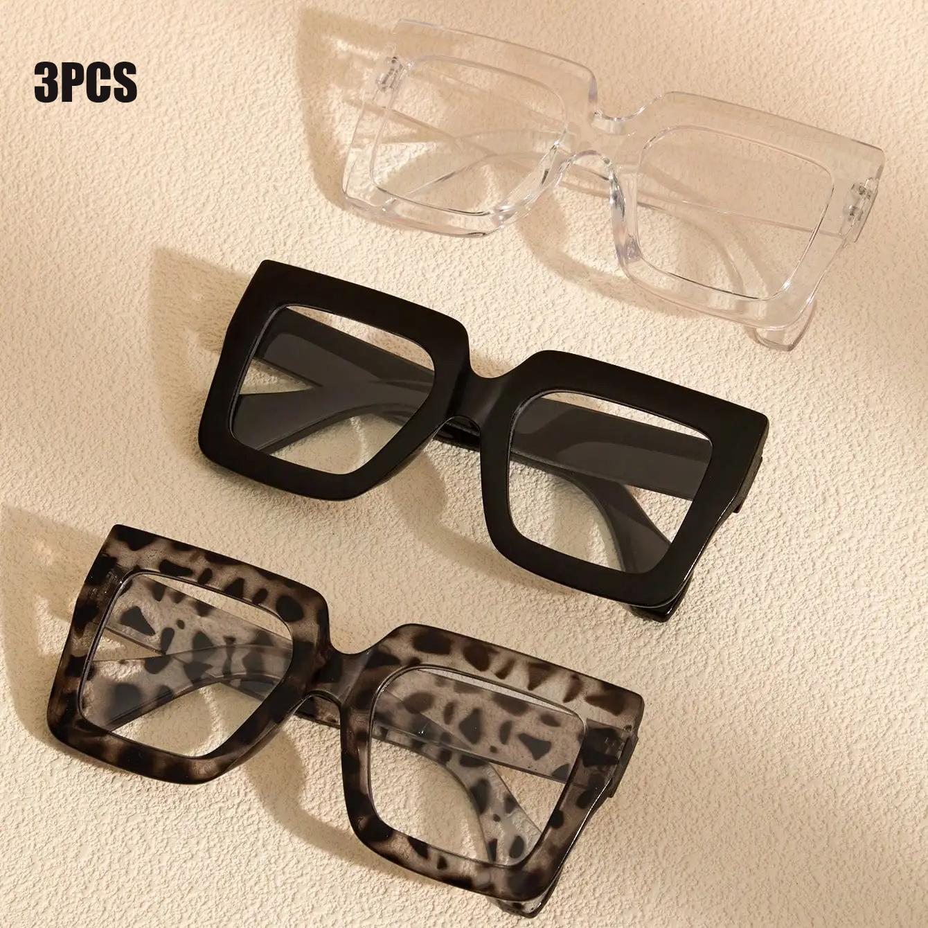 

3pcs Fashion Retro Large Frame Square Women Anti Blue Light Glasses Computer Transparent Men Eyewear 3PCS