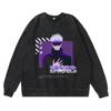 Dark Washed Vintage Anime Print Streetwear Hoodie Men - Retro Black Cotton Crewneck Sweatshirt Fall Casual Wear