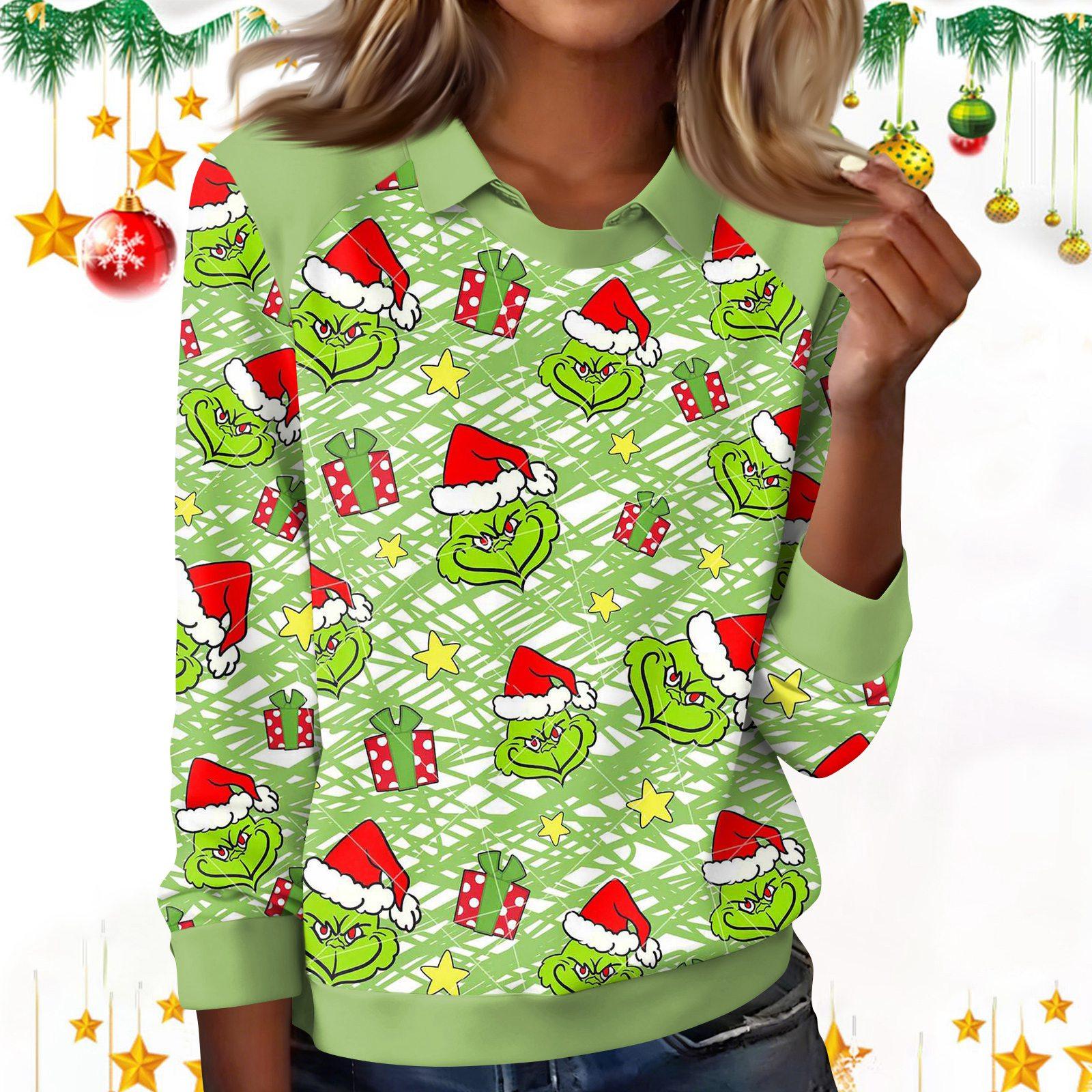

Женская модная футболка с рождественским принтом, лацканами и длинными рукавами, повседневный топ с круглым вырезом M