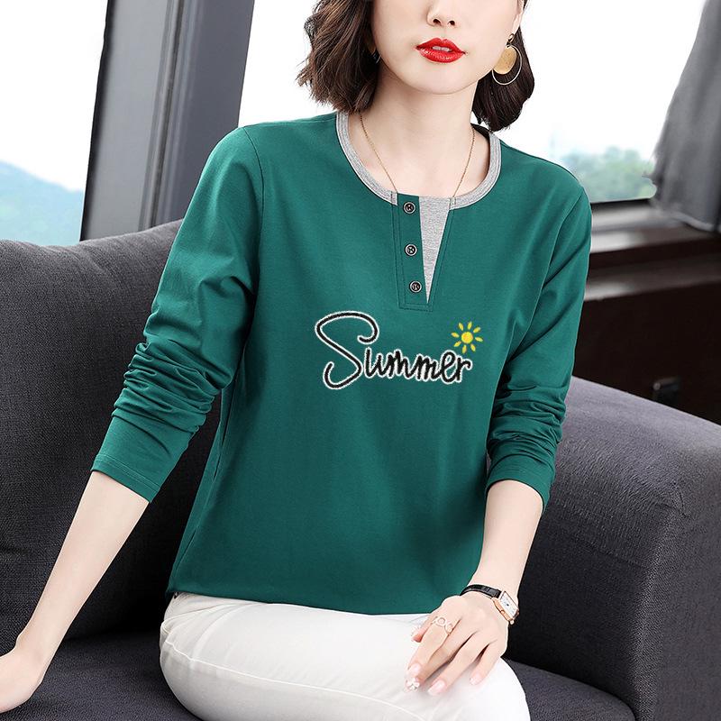 Dámské tričko s dlouhým rukávem z čisté bavlny - 2025 Korejská móda, Všestranné, Volný střih, Omlazující potisk na jaro a podzim.