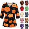 Womens V Neck Halloween Print Medical Scrub Top With Pockets Side Slits And Three Quarter Sleeves Nurse Uniform Shirt