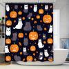 Halloween-themed Shower Curtain with Cartoon Pumpkin Cat Design for Bathroom Decor Black Background, Orange Pumpkins White Cats