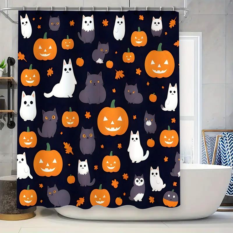 Halloween-themed shower curtain with cartoon pumpkin cat design for bathroom decor black background, orange pumpkins white cats 90x180cm