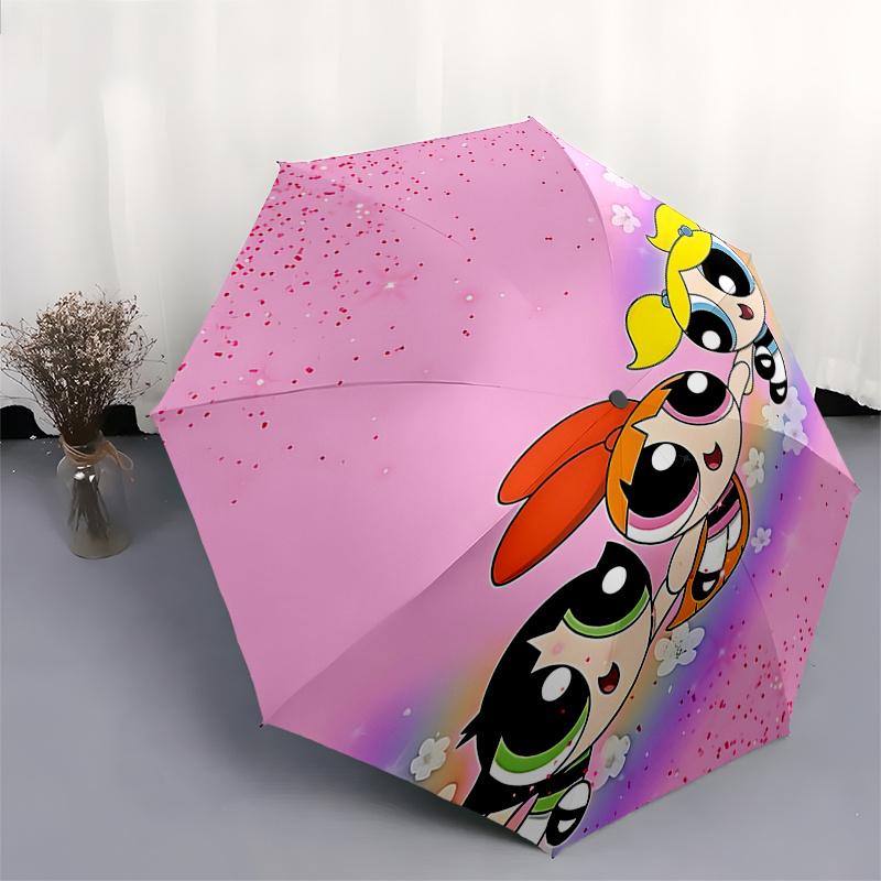 Powerpuff Girls Automatic Opening/Closing Umbrella - Portable 3-Fold Design with 8-Bone Iron Frame, Perfect Gift for Fans and Travelers01041