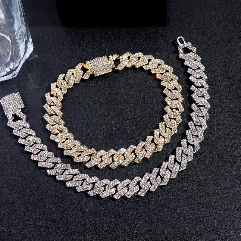 Mens Cuban Bracelet Necklace Full Diamond-Rhombus Design -Golden and silver colors Luxurious Sparkling Jewelry for Him