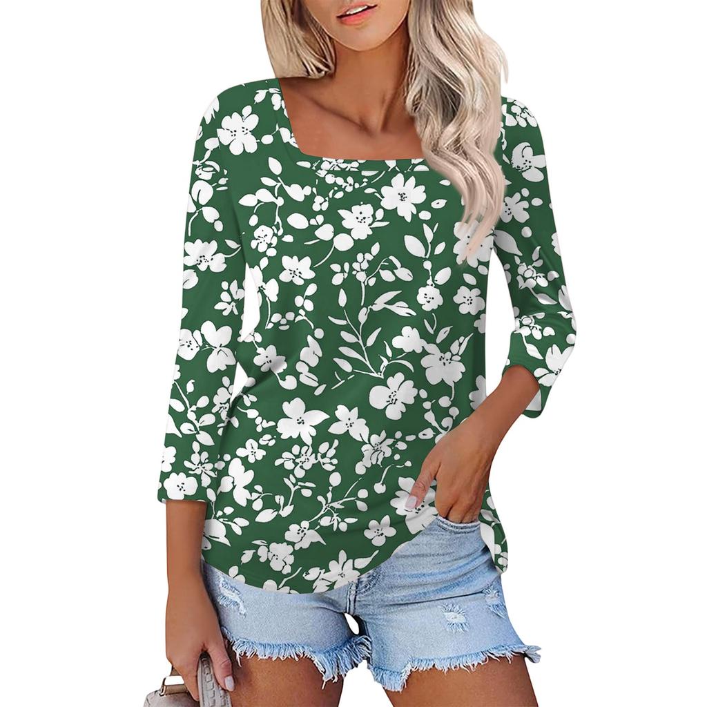 Dámské tričko s potiskem a 3/4 rukávy pro každodenní nošení i na víkend, módní základní top se čtvercovým výstřihem, běžný střih