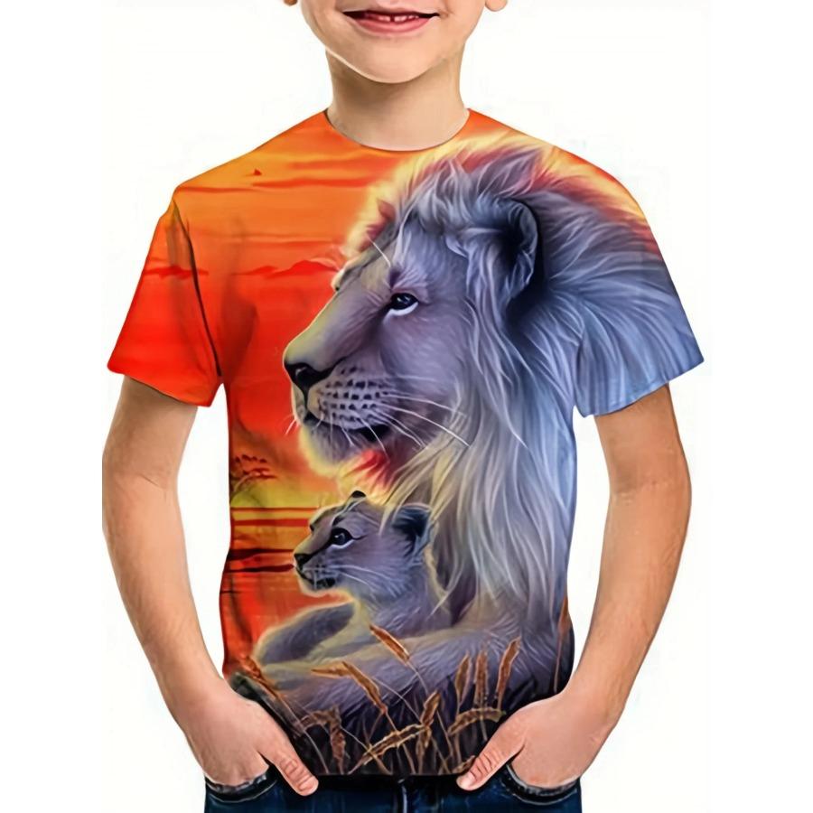 

Футболка с рисунком льва для мальчика, модные топы с коротким рукавом, футболка для мальчика и девочки, мультяшный 3D-принт, детская одежда, летние детские футболки 140