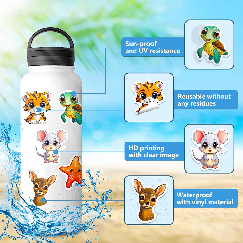 50pcs Large Eyed Animal Stickers New Cartoon Cute Natural Small Animal Graffiti Stickers   Children's Toys