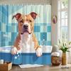 Pit Bull Dog Shower Curtain 1pc – Cartoon Dog In Bubble Bath, Playful Pet Art Bath Curtain for Fun Home Decor