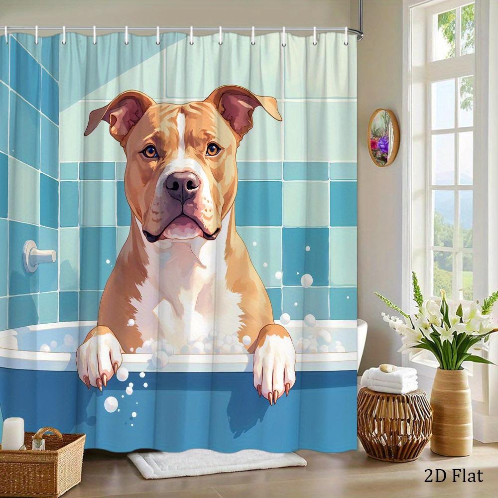 Pit Bull Dog Shower Curtain 1pc – Cartoon Dog In Bubble Bath, Playful Pet Art Bath Curtain for Fun Home Decor