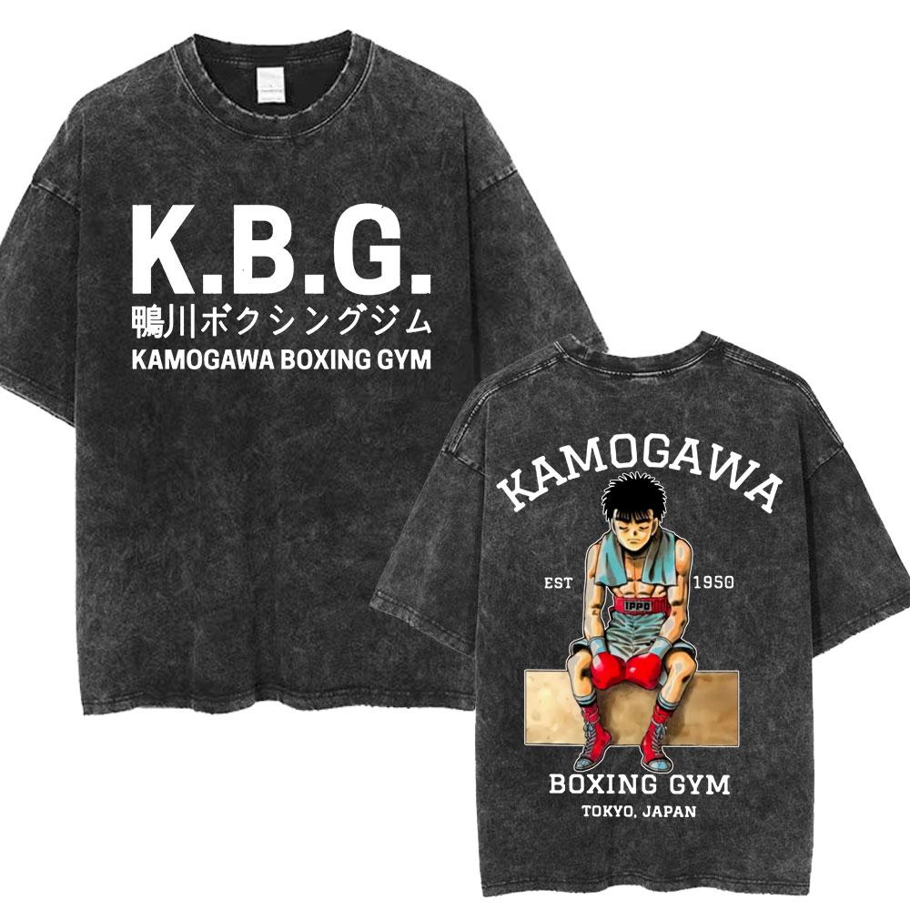 Anime Hajime No Ippo Makunouchi Vintage Washed Tshirt Takamura KGB T Shirts Kamogawa Boxing Gym Tshirt Men Manga Retro Tshirts