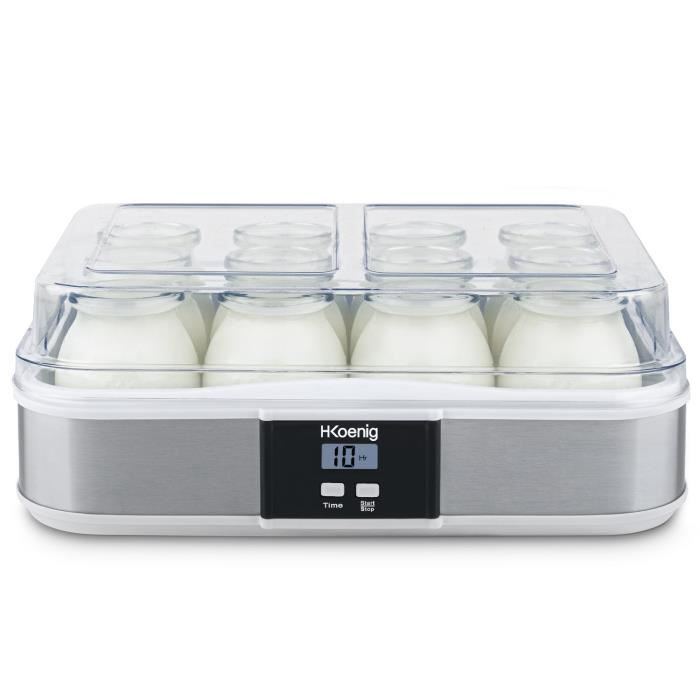 Yaourtiere HKoeNIG - ELY120 - Capacité 12 pots en verre de 160ml + 1 pot a fromage blanc (1,2L) - Programmable jusqu'a 15h - 15W